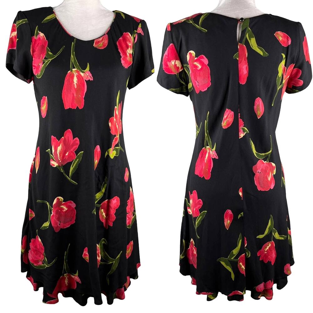 Vintage Hampton Dress Co Dress 8 Midi Black Red Tulips